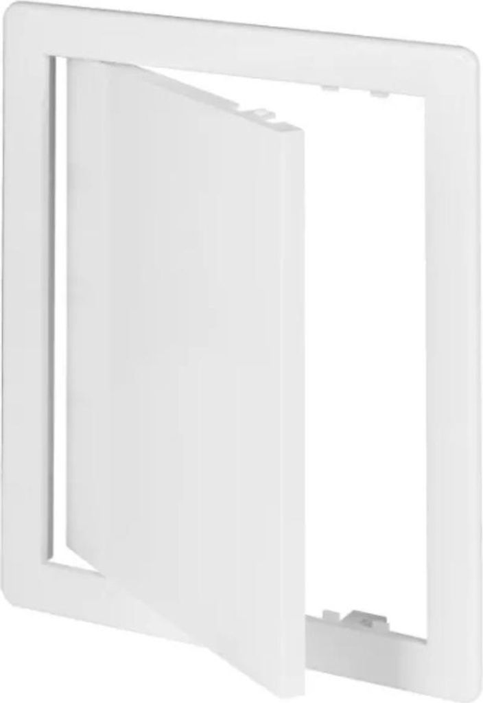 A white plastic inspection door with the door slightly ajar, mounted in a white frame.