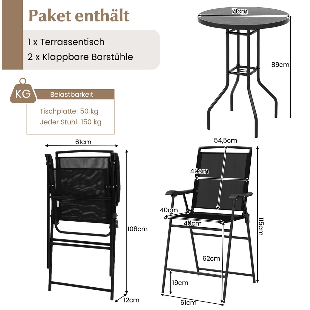 Ensemble Table de Balcon et 2 Chaises Pliantes pour Petits Espaces Noir - 3