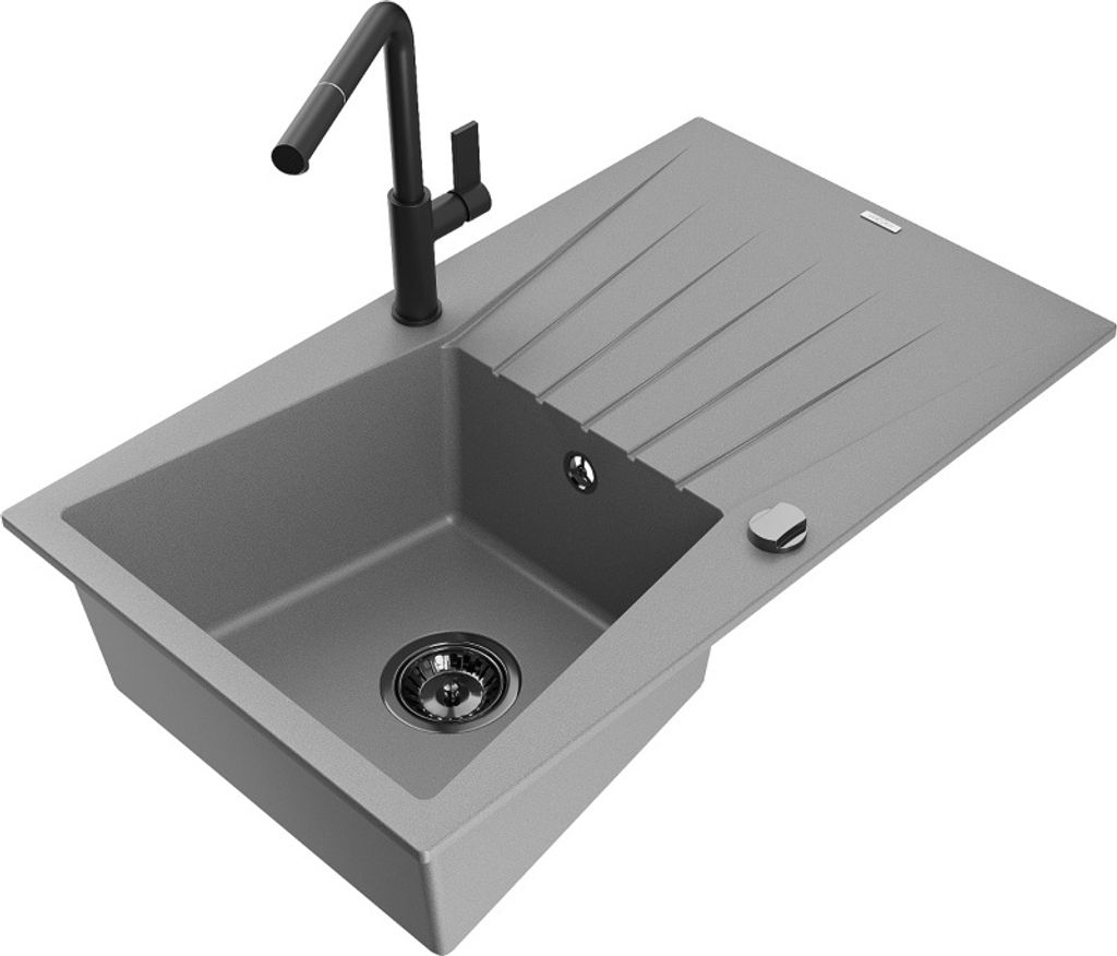 Mexen Cesar 1 Becken-Granitspüle mit Abtropffläche und Mischbatterie Flora, Grau - 6514-71-670401-70-B