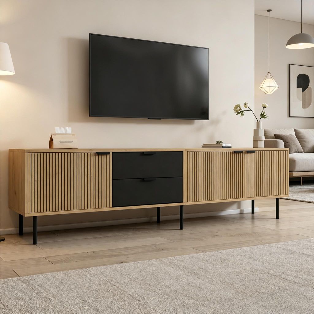 STILVORA TV-Bank mit Kabelmanagement und Schränken, Lowboard mit 3 Schubladen für Wohnzimmer, TV-Schrank geeignet für 85-Zoll-Fernseher