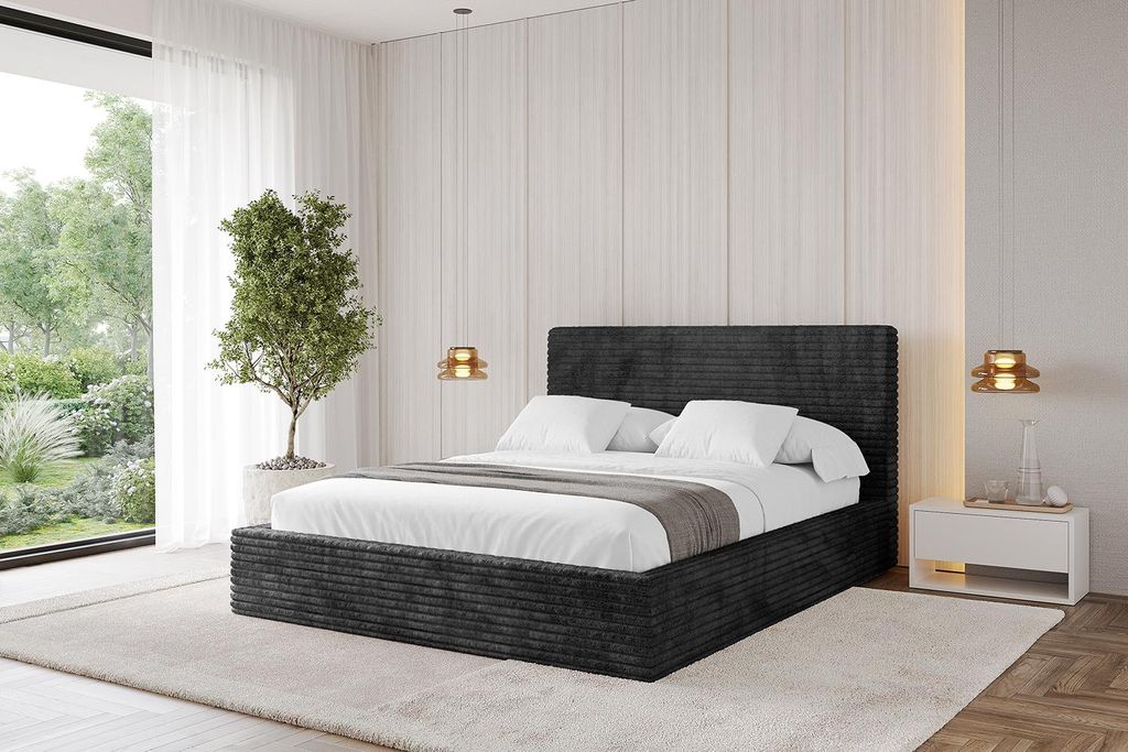 ALTDECOR Polsterbett mit Bettkasten - ALOVA - 120x200 Cord - Schwarz - Bett ohne Matratze - Doppelbett mit Stauraum und Latternrost - Boxbett mit K...