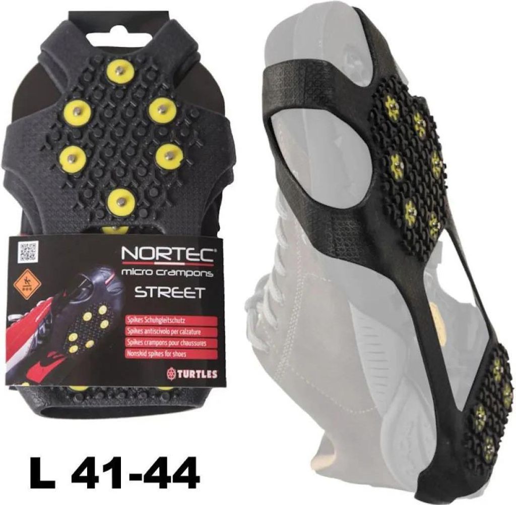 A collage showing a pair of black Nortec micro crampons for shoes, with one item displayed on its packaging and the other on a shoe.