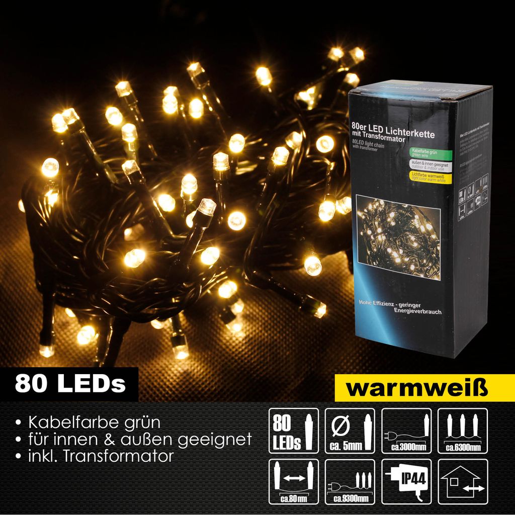A close-up of a string of warm white LED lights with a product box in the background.