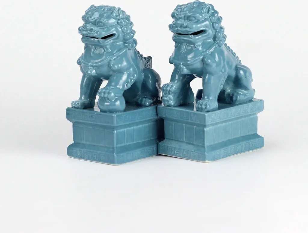 Chinois Fu Chiens Gardien du Temple Lion Bleu Fine Asianliving Set de 2