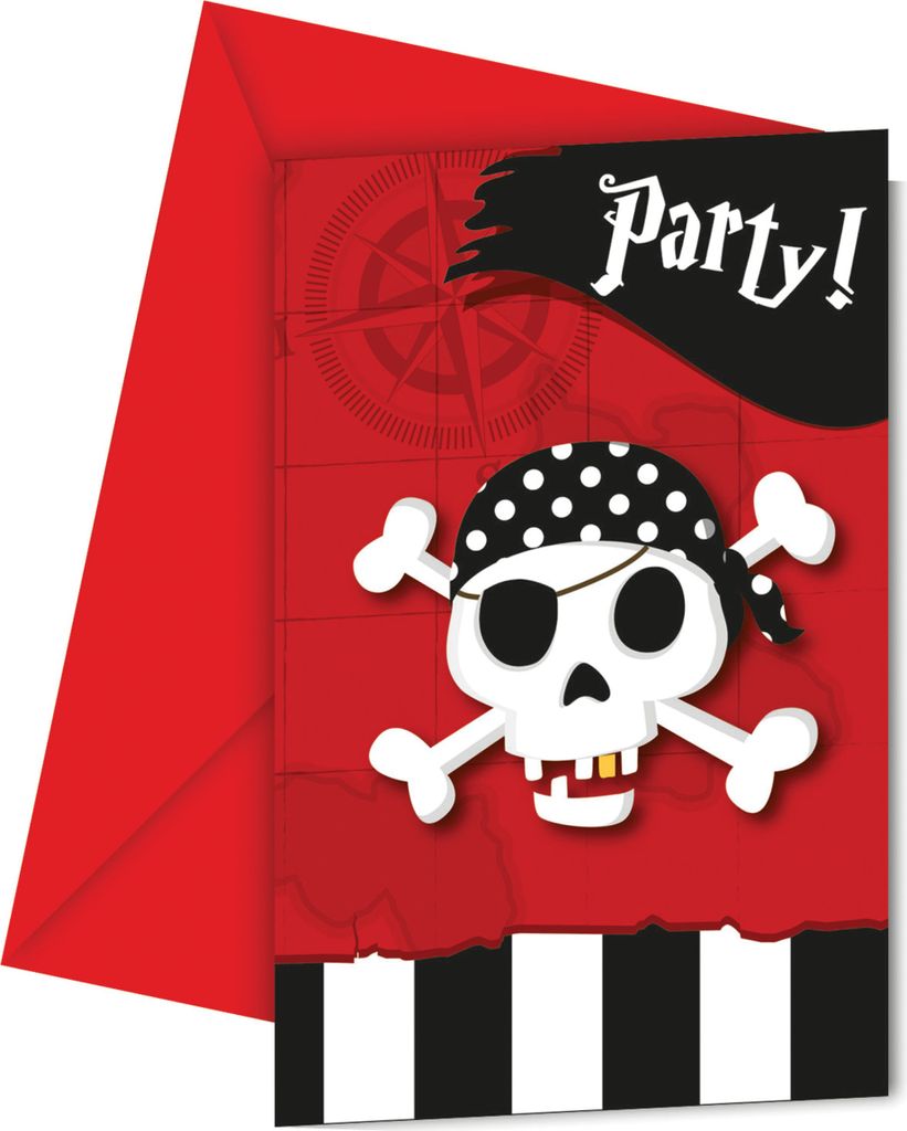 Piratenparty Einladungskarten Kindergeburtstag 6 Stück schwarz-weiss-rot