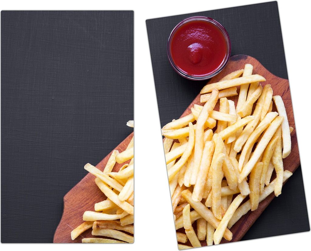Spritzschutz Herdabdeckplatte Schneidebrett aus Glas Pommes und Ketchup 2-Teilig (60x52cm)