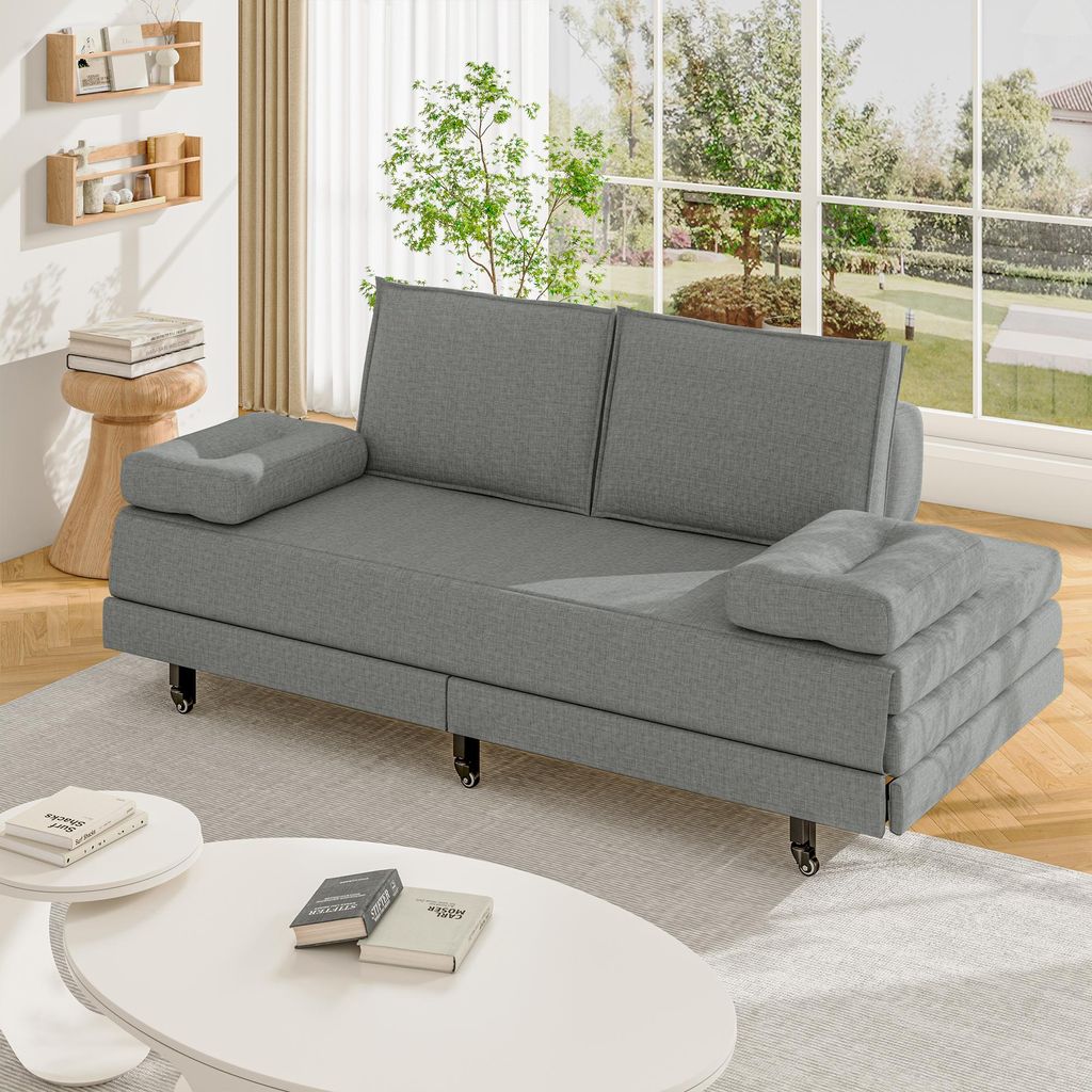 Fortuna Lai Schlafsofa 90x200cm/180x200cm cm aus Leinen, Ausziehbares Sofa Bett mit Armlehnen & Kissen, Faltbares Gästebett, Multifunktionales Sch...