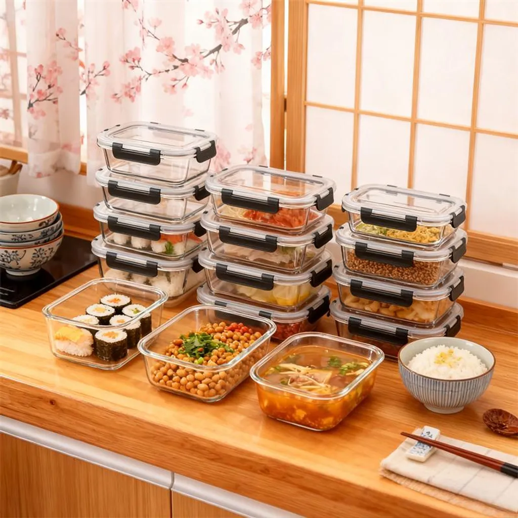 12 pezzi contenitori per alimenti in vetro, con coperchio, di varie dimensioni Set di barattoli per la conservazione, scatole per il pranzo ermetiche e a prova di perdite, scatole per la preparazione dei pasti, nere. - 10
