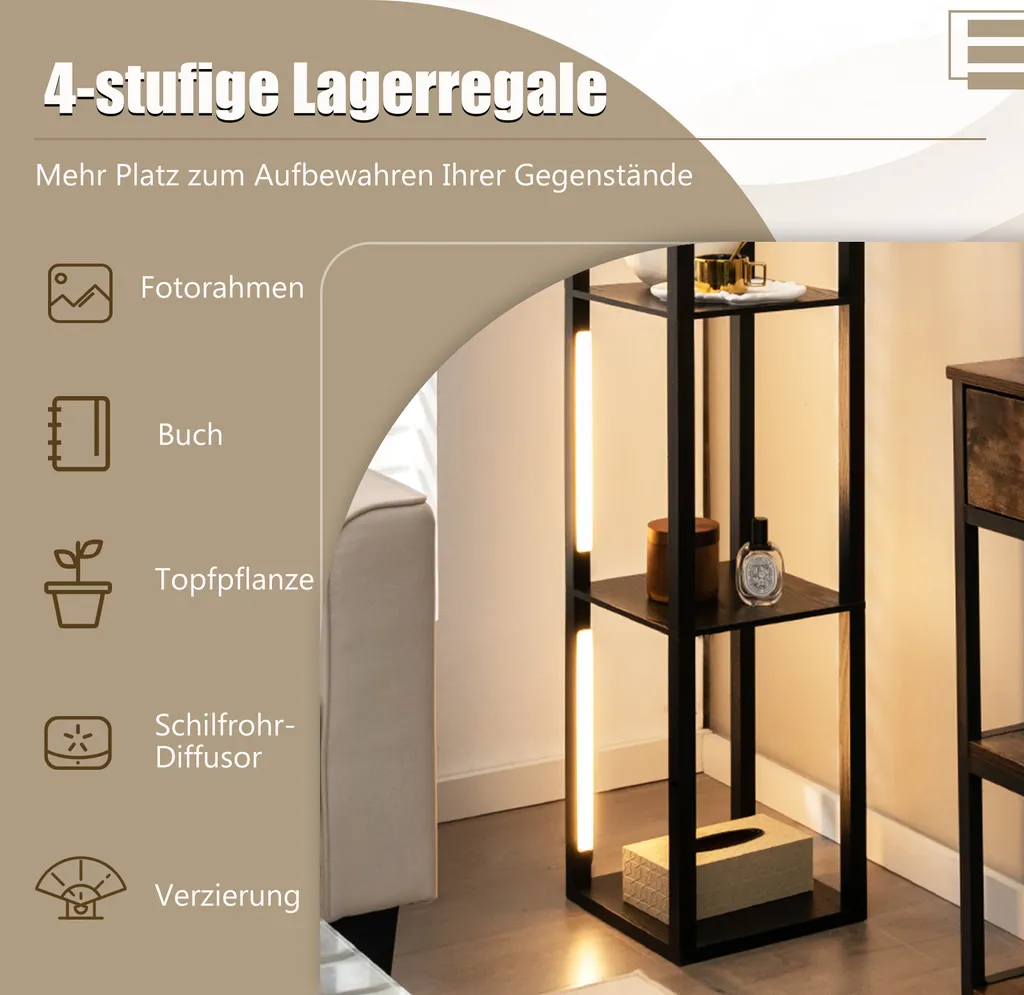 COSTWAY Lampadaire Étagère 163 cm avec LED Dimmable et Étagères Noires
