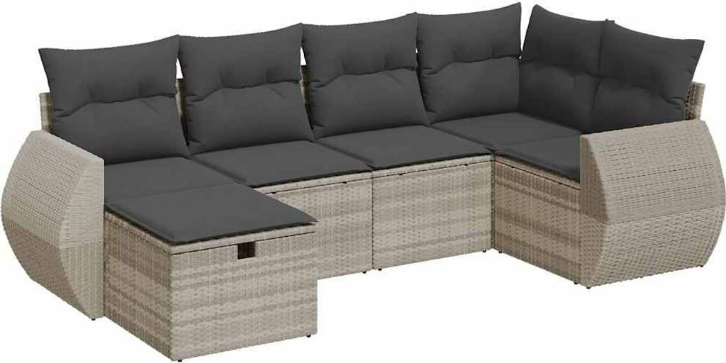 6-tlg. Garten-Sofagarnitur mit Kissen Hellgrau Poly Rattan