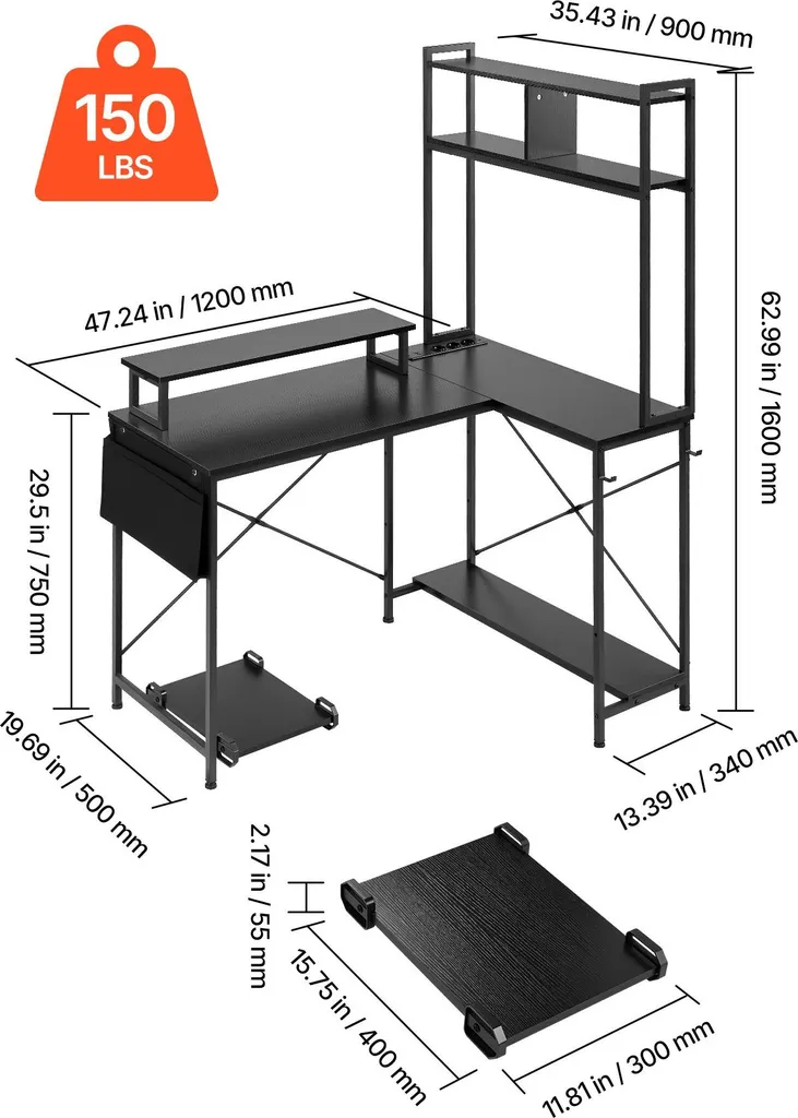 Bureau d'angle pour ordinateur 120 cm avec rangement et prises USB