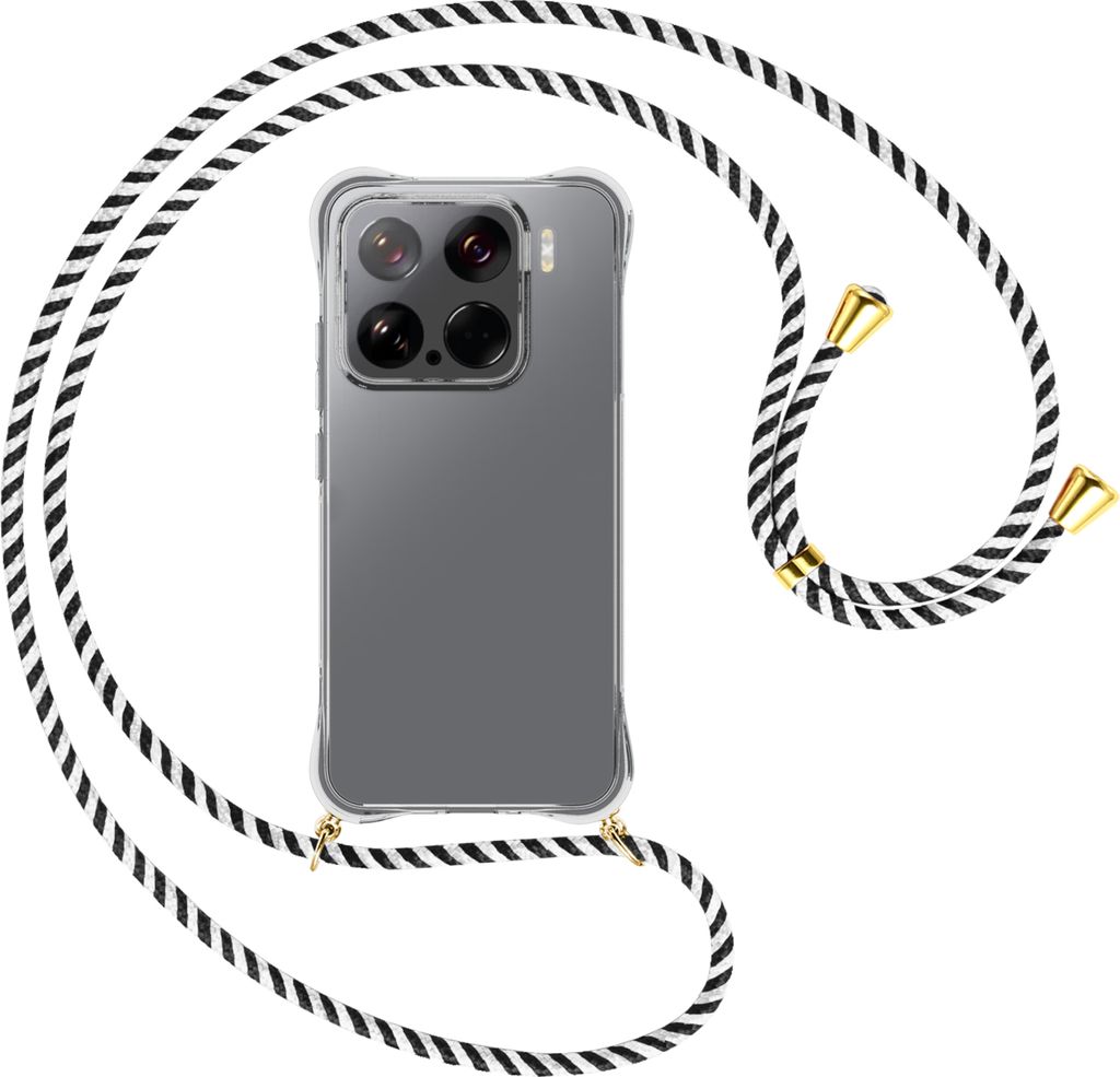 Handykette Backcover-Schutzhülle mit Band (Metall goldfarben) für Xiaomi 15 5G - schwarz/weiß gestreift
