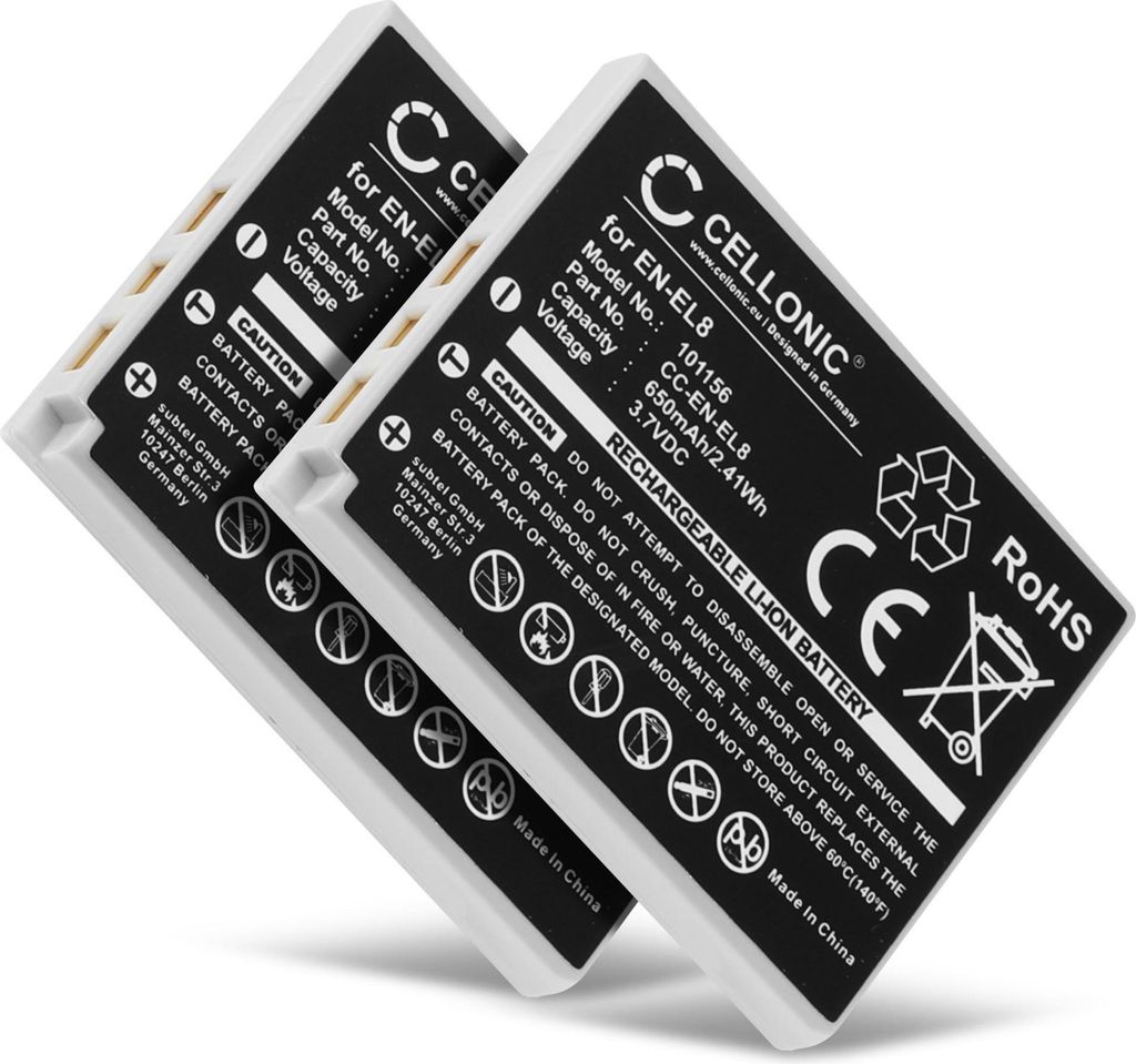 CELLONIC 2x Akku für Kamera Kompatibel mit Nikon Coolpix S1, Coolpix S2, Coolpix S3, EN-EL8 - (650mAh, 3.7V)