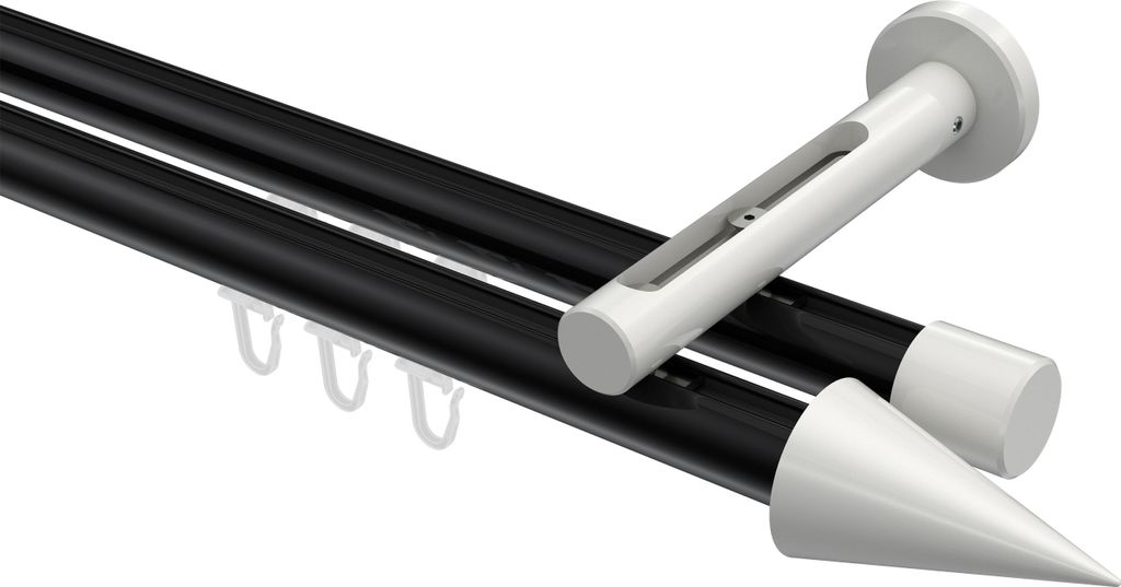 Interdeco Innenlaufstange / Gardinenstange mit Innenlauf Schwarz / Weiß, Typ Siteno Savio (Kegel), 20 mm Ø 2-läufig, 160 cm