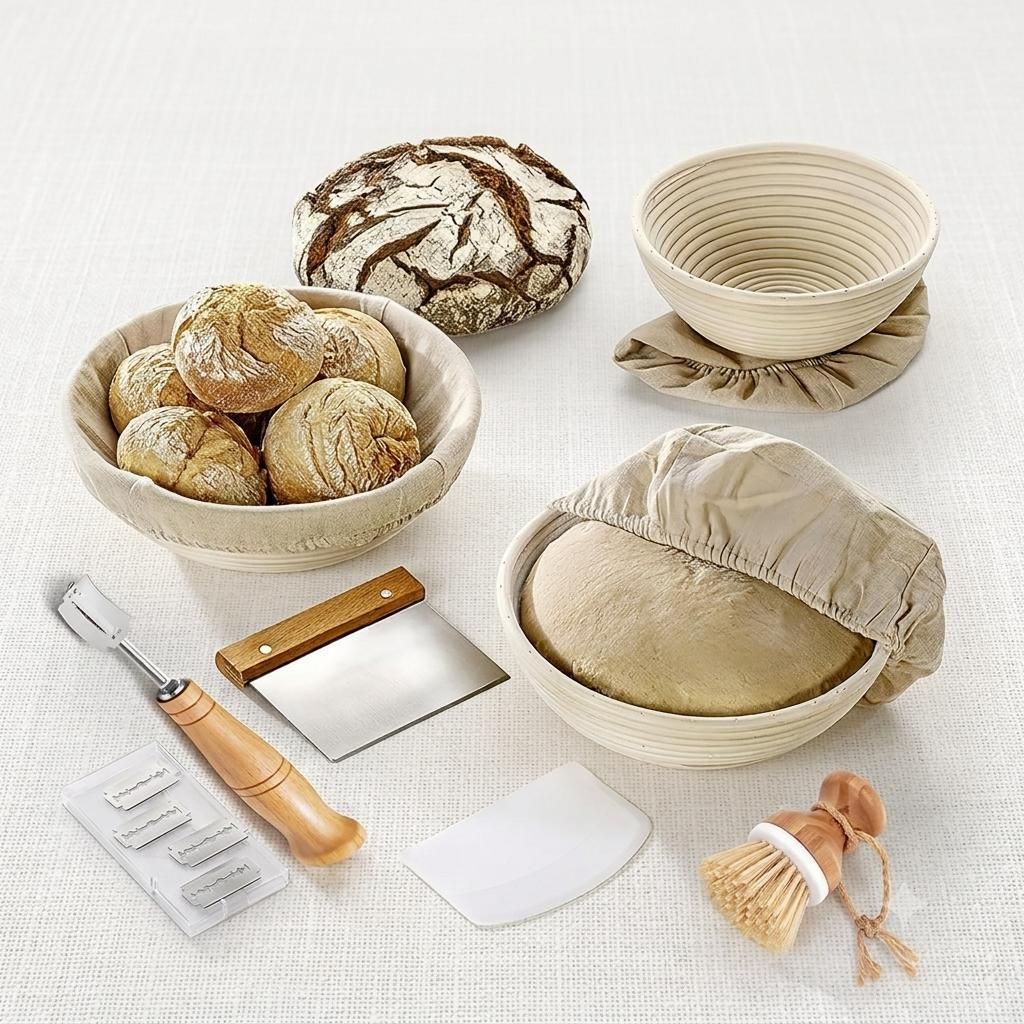 Gärkörbchen Set 10-teilig aus Natur-Rattan, Brotbackkorb Produktbild 