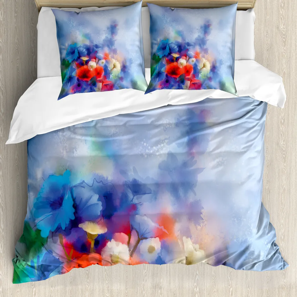 ABAKUHAUS Copripiumino Blume, effetto dipinto sfumato, antiacaro e anallergico, con federe, 155 cm x 220 cm - 80 x 80 cm, rosso blu