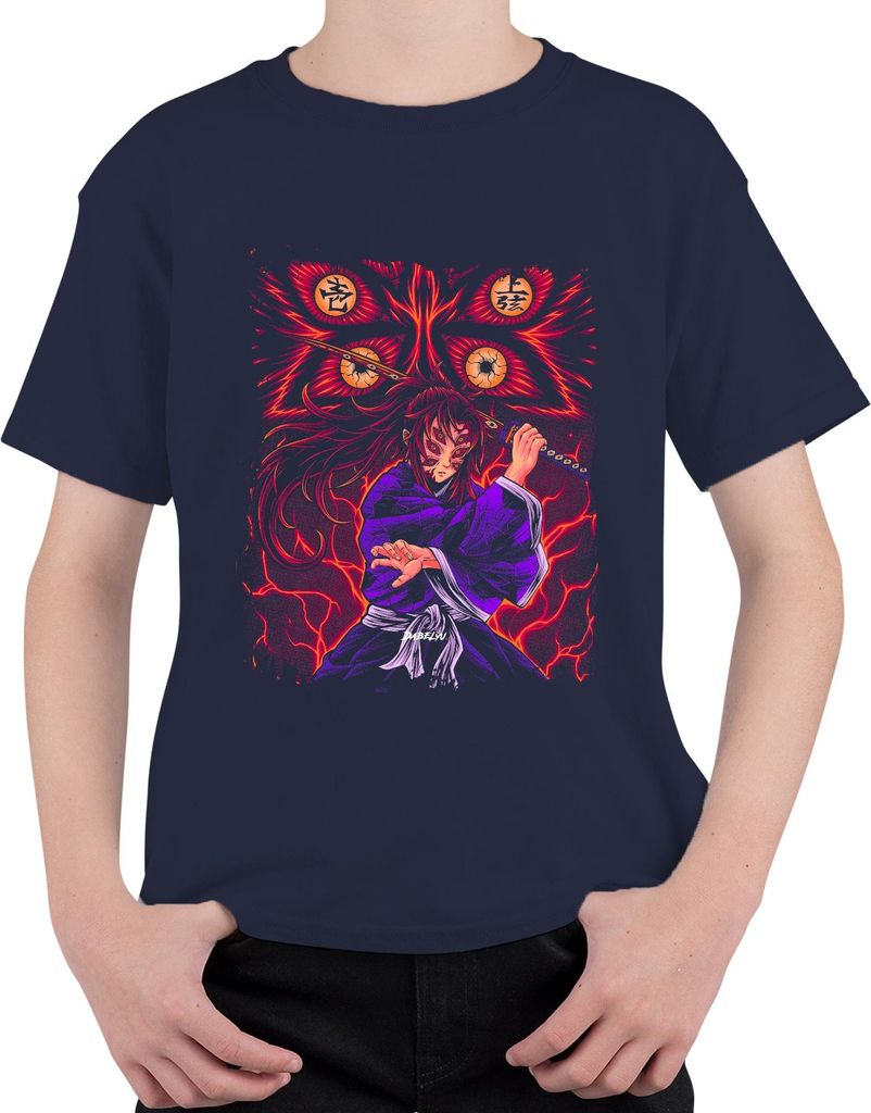 Anime Dämon Schwert Kimono Augen Dämonenjäger düster Geschenk Uni Kinder T-Shirt, Navy, 152