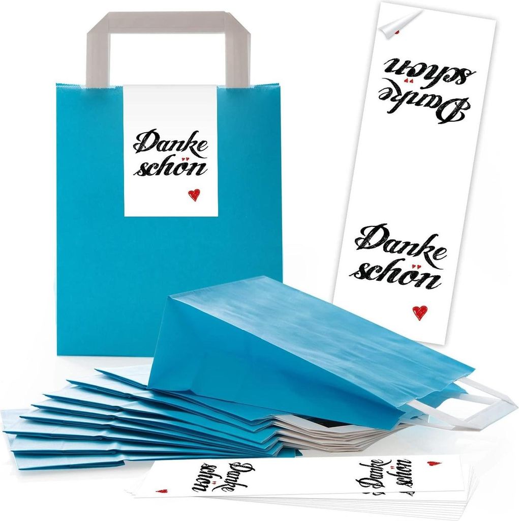 100 blaue Papiertüten Papier-Tragetaschen Henkel-Tüten Boden 18 x 8 x 22 cm kleine Papiertaschen + Aufkleber DANKE-SCHÖN rot weiß HERZ Verpacku...