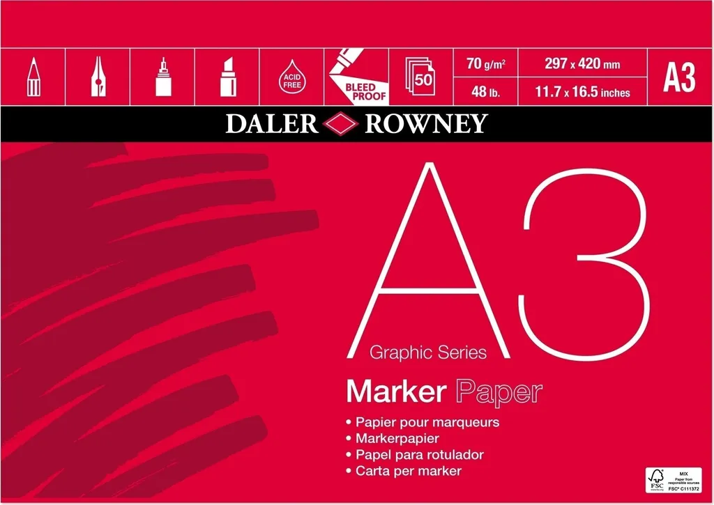Blocco Marker Daler Rowney A3 70g - 50 Fogli Carta Ultra Liscia
