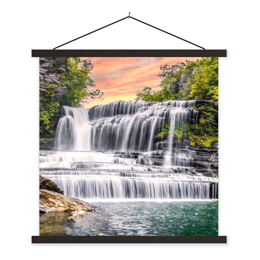 MuchoWow Textilposter Wasserfall - Wasser - Steine - Pflanzen - Natur 90x90 cm mit schwarzem Rahmen - Magnetisches