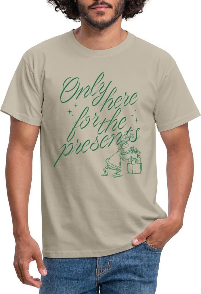 Spreadshirt Der Grinch Spruch Only Here For The Presents Männer T-Shirt, S, Sandbeige