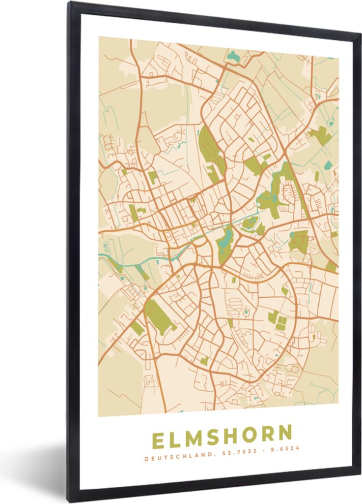 MuchoWow Gerahmtes Poster Elmshorn - Vintage - Karte - Stadtplan 40x60 cm - Poster mit Schwarzem Bilderrahmen Wandposter Rahmen Foto Bilder - Pap...
