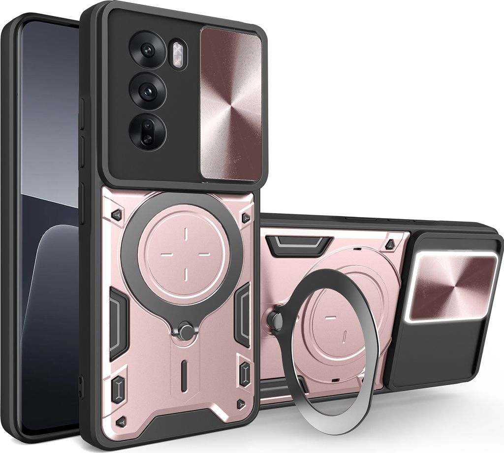 Handyhülle für Oppo Reno12 Dual-Layer Stoßfest Rüstung Hülle mit Dia Kameraschutz und Kreisförmig Ring Ständer Roségold