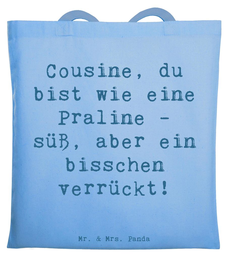 Mr. & Mrs. Panda Schultasche Spruch Cousine Praline - Sky Blue - Geschenk, Stoffbeutel, Tote Bag, Familie, Geburtstage, Erinnerungen, Liebe, Tasche...