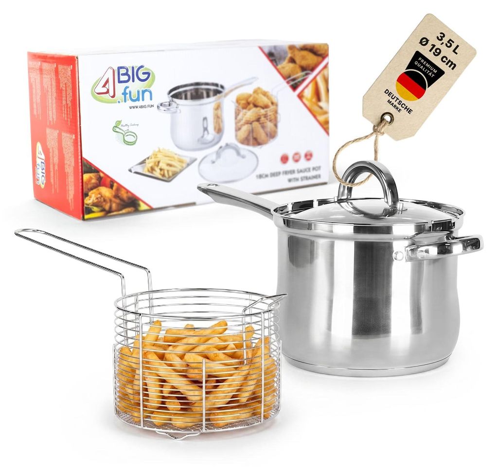 Frittiertopf 3,5L aus Edelstahl mit Frittierkorb & Glasdeckel – Induktion, Gas, Glaskeramik & Elektro – Pommestopf Fritteuse Spülmaschinenfest
