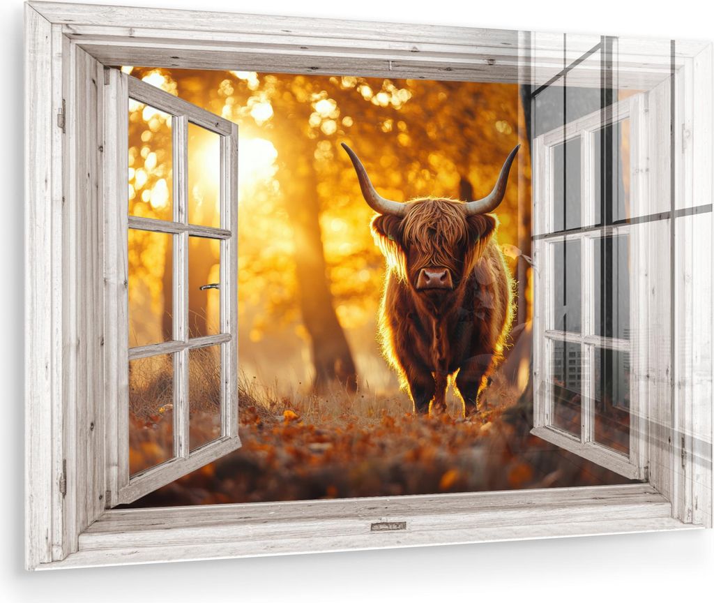 MuchoWow Glasbilder - Bilder auf Wandbild - Foto auf Glas Schottische Hochlandrind - Wald - Herbst - Tiere - Natur - Blätter - Durchblicken 90x60 ...