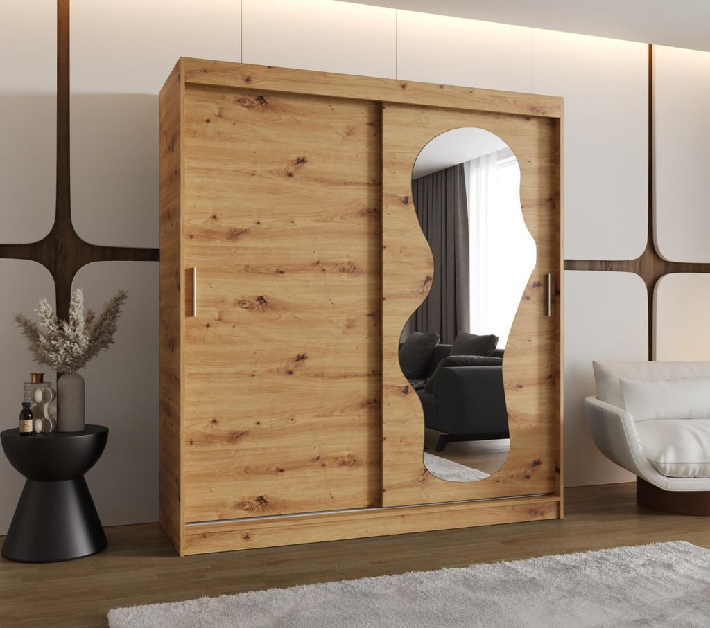 Kleiderschrank 180 cm BEYZA mit Spiegel – Eiche, handgefertigt