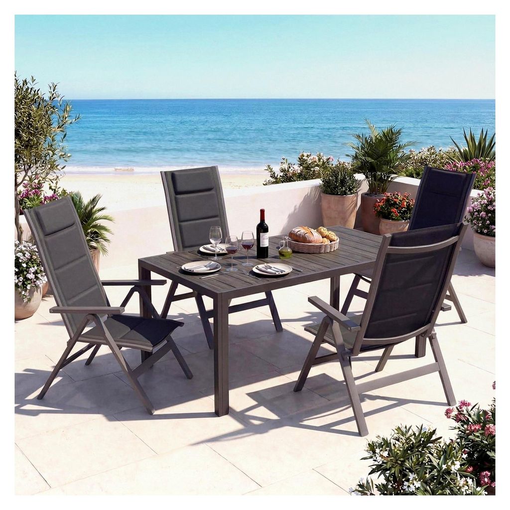 Gartenmöbelset mit 4 Stühlen und Tisch, bestehend aus 1 Aluminiumtisch und 4 Klappstühlen, 1 x 150 cm Gartentisch mit Holzmaserung, dunkelgrau