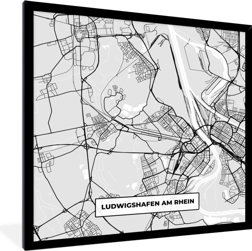 MuchoWow Gerahmtes Poster Karte - Deutschland - Ludwigschafen Am Rhein - Karte - Stadtplan 40x40 cm - Poster mit Schwarzem Bilderrahmen Wandposte...