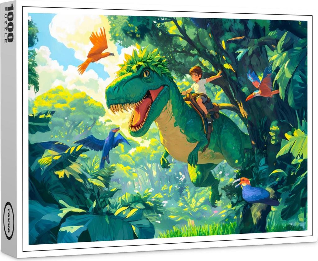 raxxa Premium-Puzzle "Anime boy riding T-Rex in jungle and birds", 1000 Teile