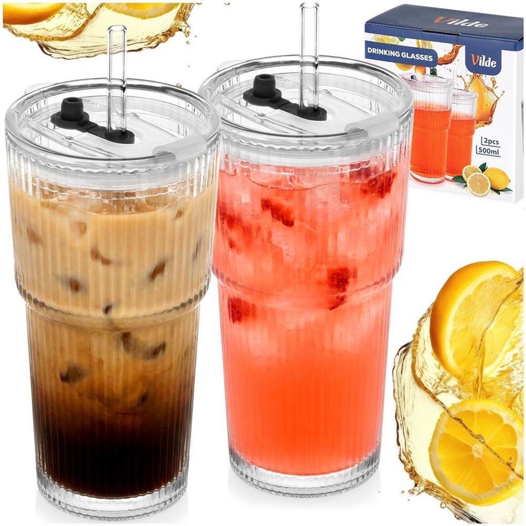 Vilde | Set 2 bicchieri con coperchio e cannuccia 500 ml - Immagine del prodotto 