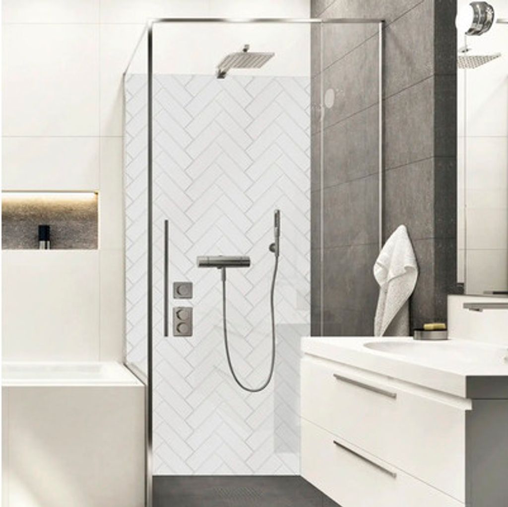 Duschrückwand mySpotti Shower Herrinbone Tiles White Fliesenoptik 255 x 100 cm SH-255100-1918-HB
