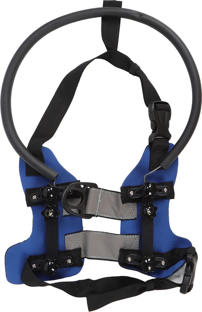 A blue and black dog harness with a guiding ring.