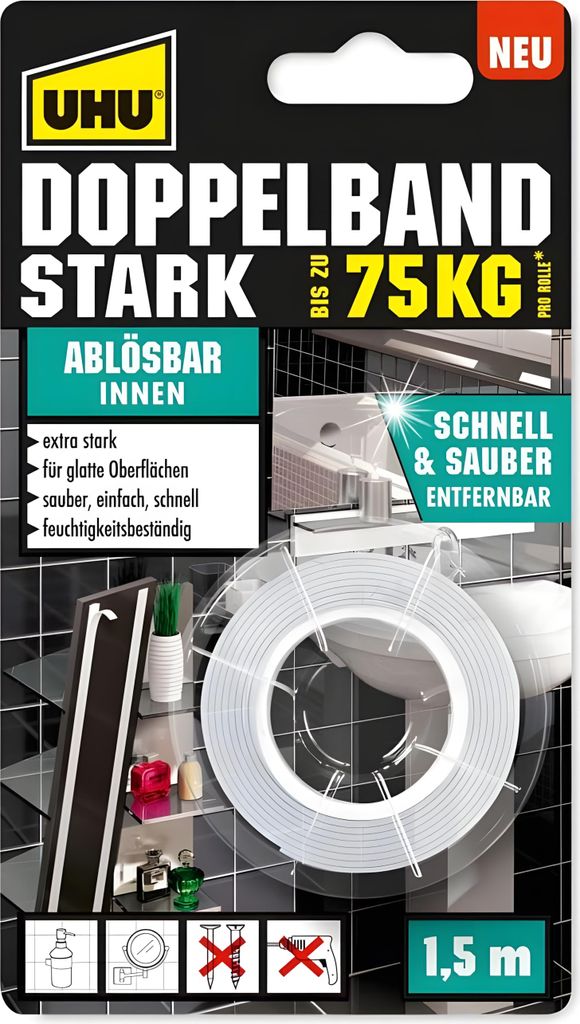 UHU Montageband doppstg 1,5 m x 19 mm bis zu 75 kg ablösbar Produktbild 