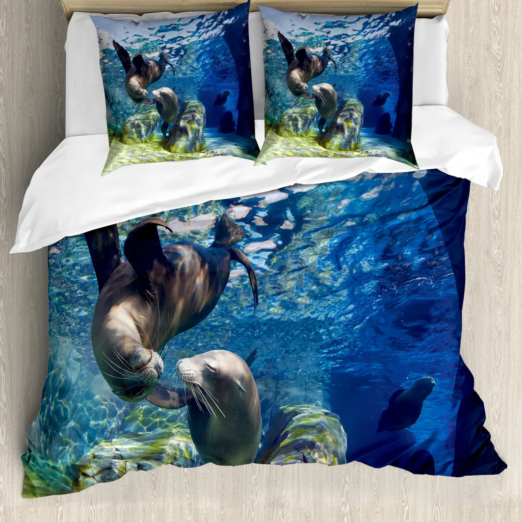 Set Copripiumino Antiacaro ABAKUHAUS Matrimoniale Leoni Marini Blu