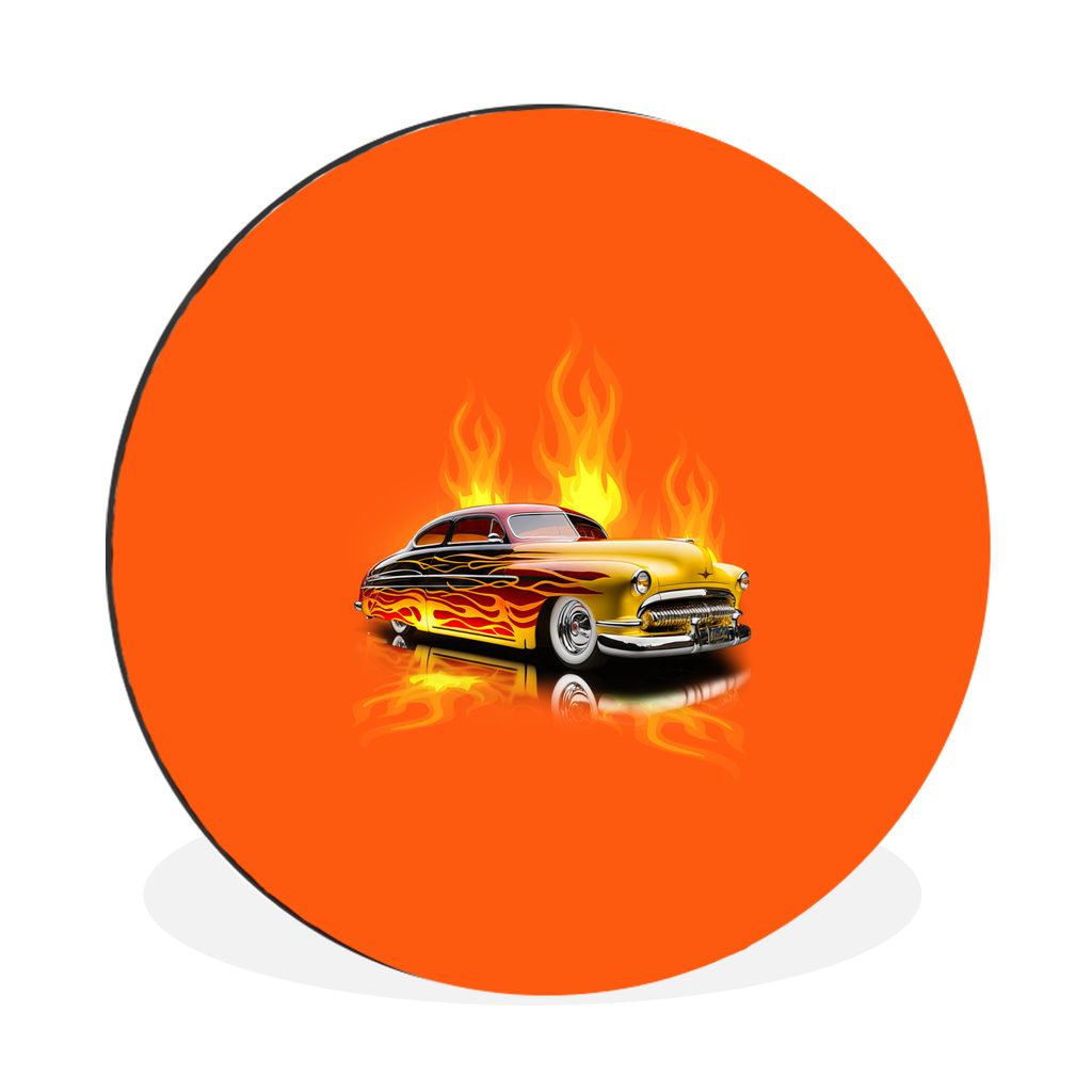 MuchoWow Aluminium Wandkreis Auto - Flammen - Orange - Feuer - Vintage Ø 30 cm Wanddeko Modern Wohnzimmer - Wand Bild - Wohnzimmer - Runde Bilde...