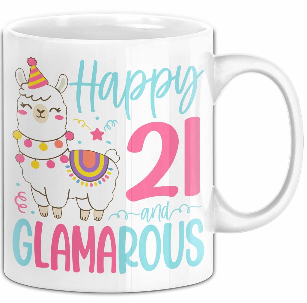 21er Geburtstag Tasse Geschenk Happy 21 And Glamarous Llama Alpaka Liebhaber Geschenkidee zum Geburtstag (Weiß)