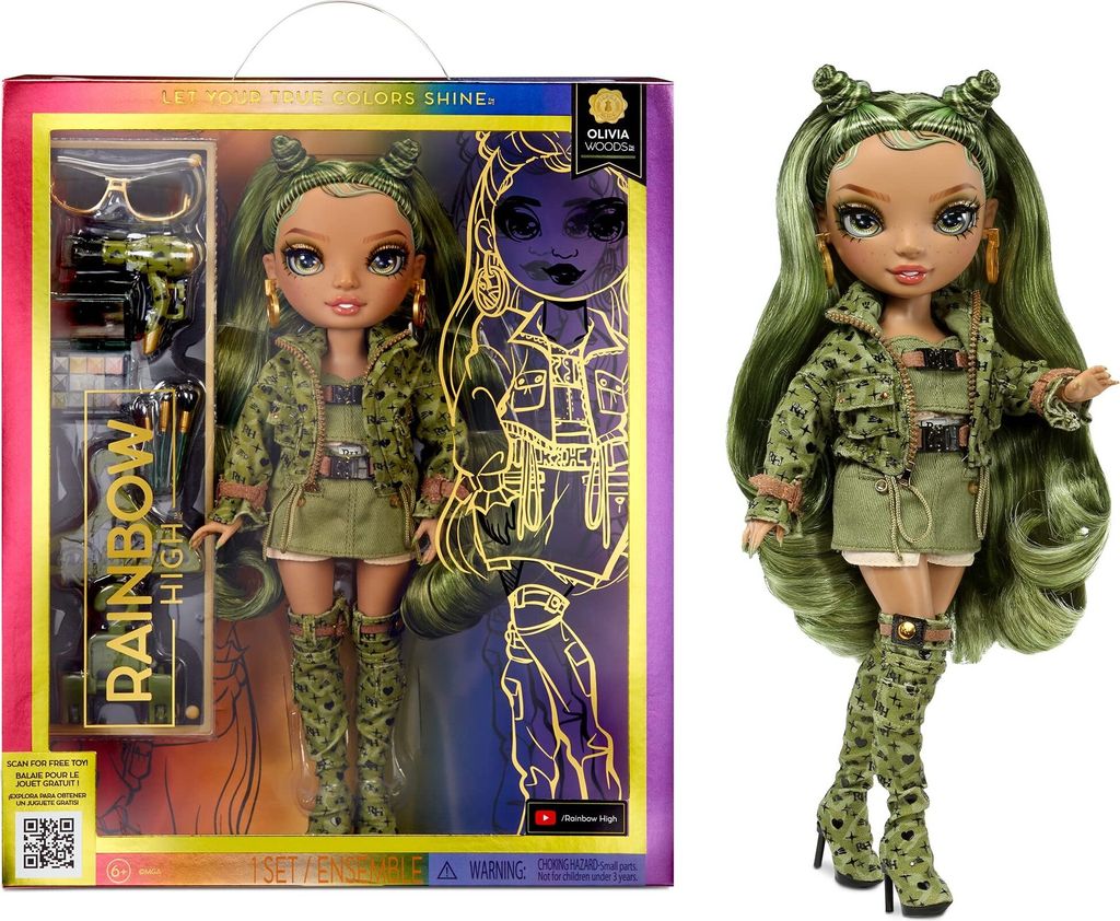 A Rainbow High fashion doll, Olivia Woods, is shown in her packaging and also displayed outside of it.