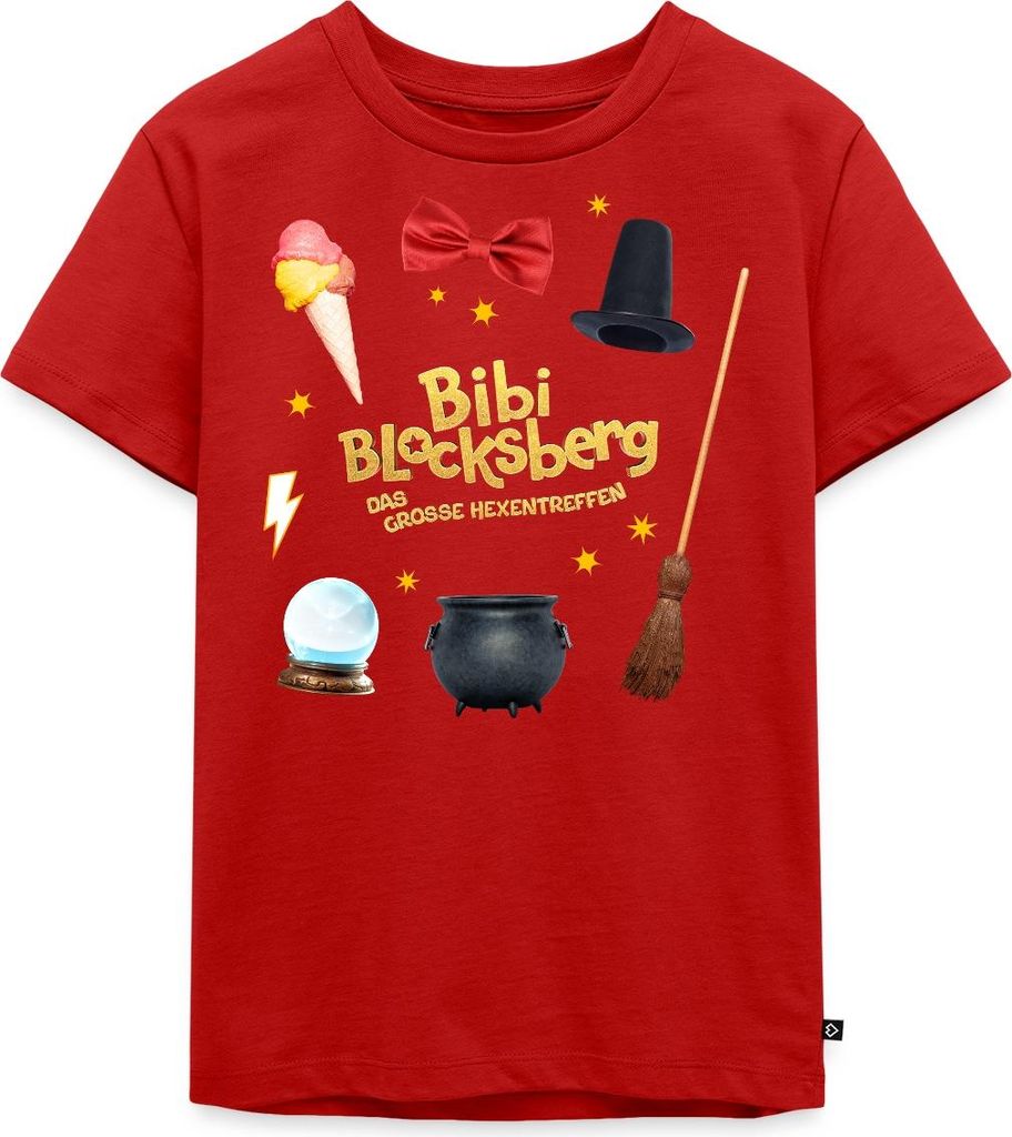 Spreadshirt Bibi Blocksberg Film Mit Hexenzubehör Und Logo Kinder Premium T-Shirt, 134/140 (8 Jahre), Rot