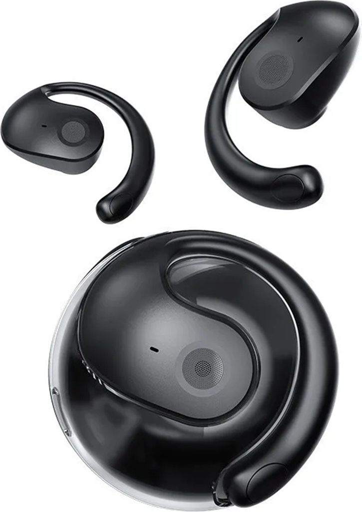 Three black wireless earbuds and a charging case are displayed against a white background.
