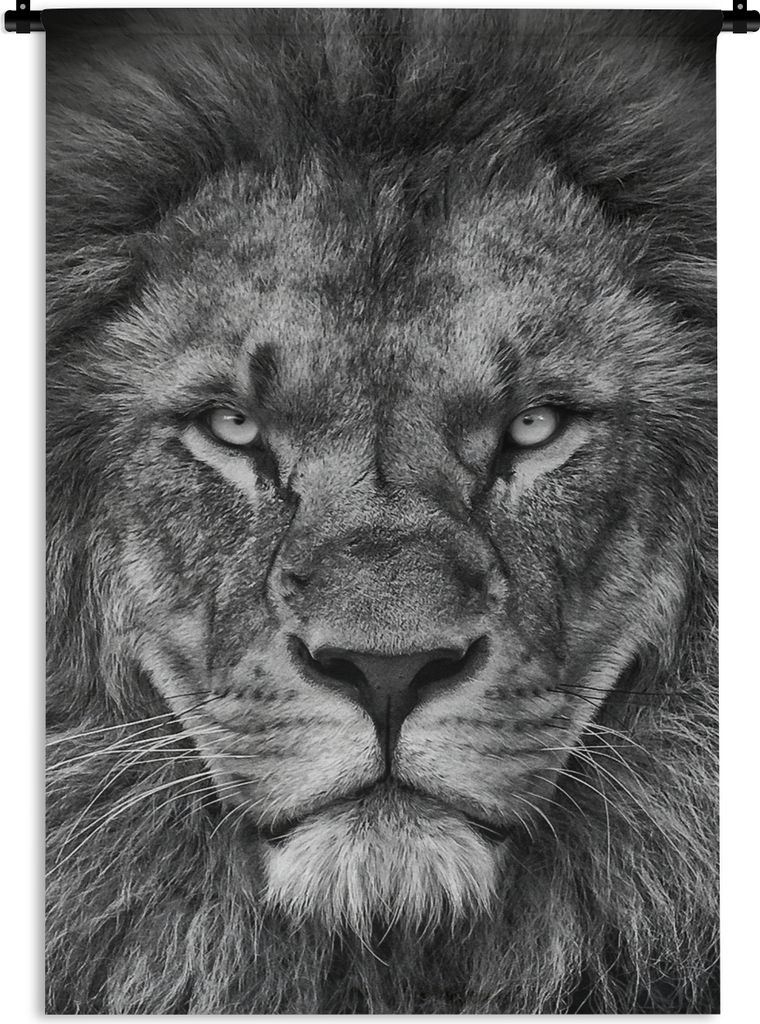 MuchoWow Wandteppich Wandbehang Tiere - Löwe - Schwarz - Weiß - Porträt 90x135 cm Tapisserie Dekoration Wandtuch - Baumwolle - Wandskulptur