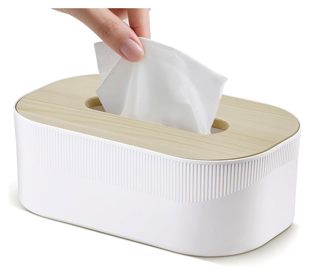 Kosmetiktücherbox, 21×13×7cm aus PP mit Holzdeckel, modernes Design für Esszimmer, Badezimmer, Schlafzimmer, Büro, Couchtisch und Auto, weiß