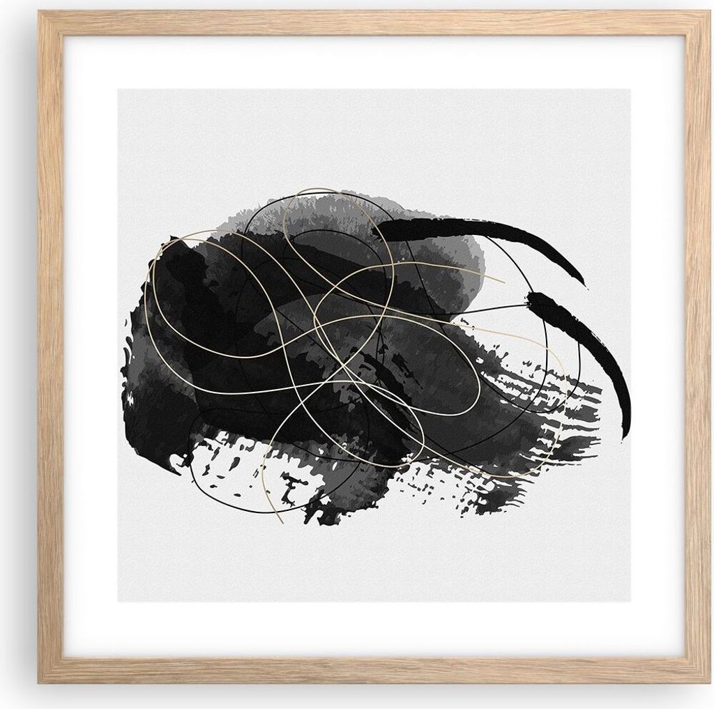 Gerahmtes Poster - Rahmen in heller Eiche - Abstraktion Schwarz Flecken - 40x40 cm - Wand Bild - Wanddeko - Wandbilder - Kunstposter - Wandposter -...