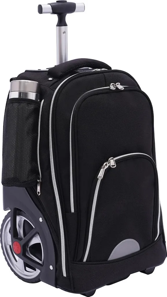 Sac à dos à roulettes en cuir véritable noir 45L pour voyage et école