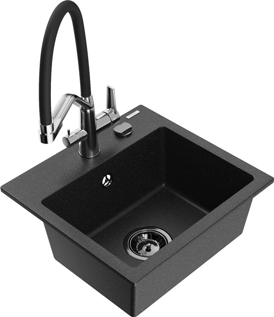 Mexen Milo 1-Becken-Granitspüle mit Mischbatterie Duo, Schwarz/Silbermetallic - 6505-73-671701-07-B