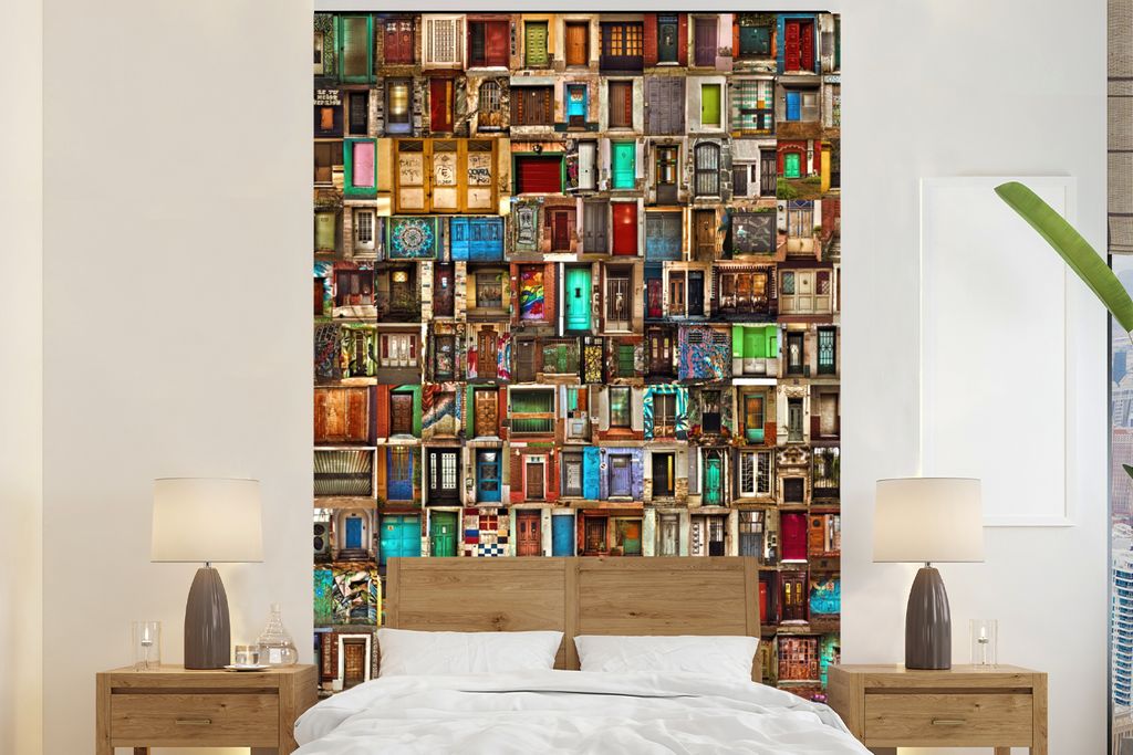 MuchoWow Fototapete für Wohnzimmer oder Schlafzimmer Wandtapete Vinyl Motivtapete Türen - Bunt - Collage - Architektur - 200x300 cm - Wanddekor...